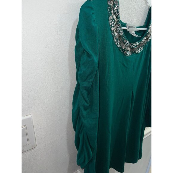 Glitterscape womans top plus size 2X green round sequin neckline ruched pullover - Picture 6 of 8